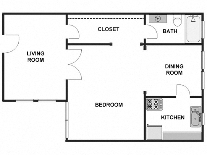 Floor plan for 1 bed, 1 bath, 640 sqft